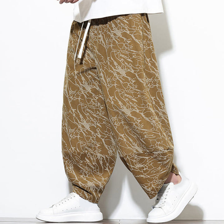 Buddha Stones Fall Textured Lines Print Cotton Elastic Waist Ankle-Length Men's Harem Pants With Pockets - image 23