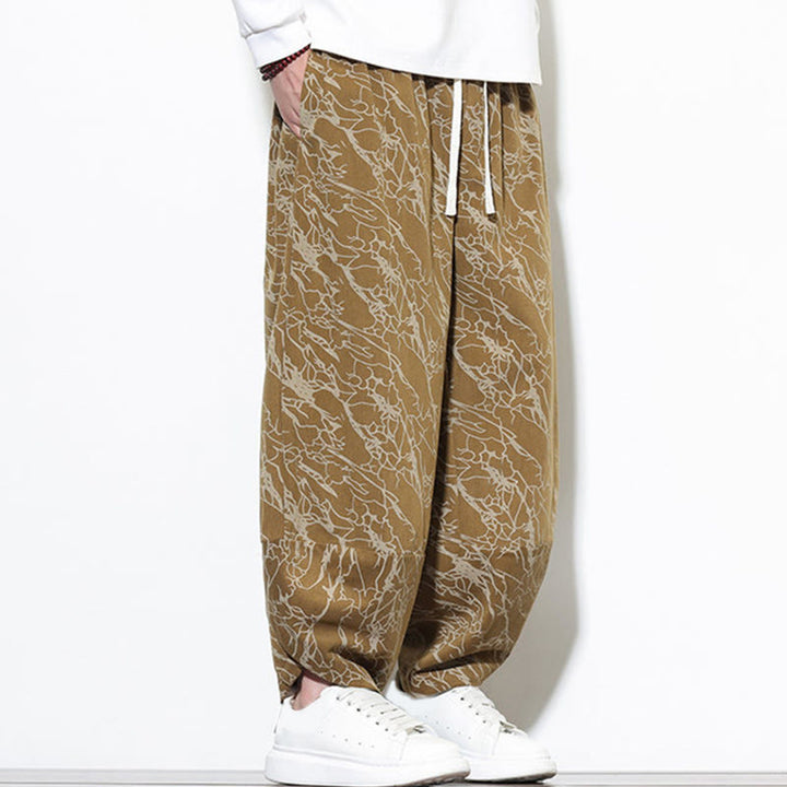 Buddha Stones Fall Textured Lines Print Cotton Elastic Waist Ankle-Length Men's Harem Pants With Pockets - image 20