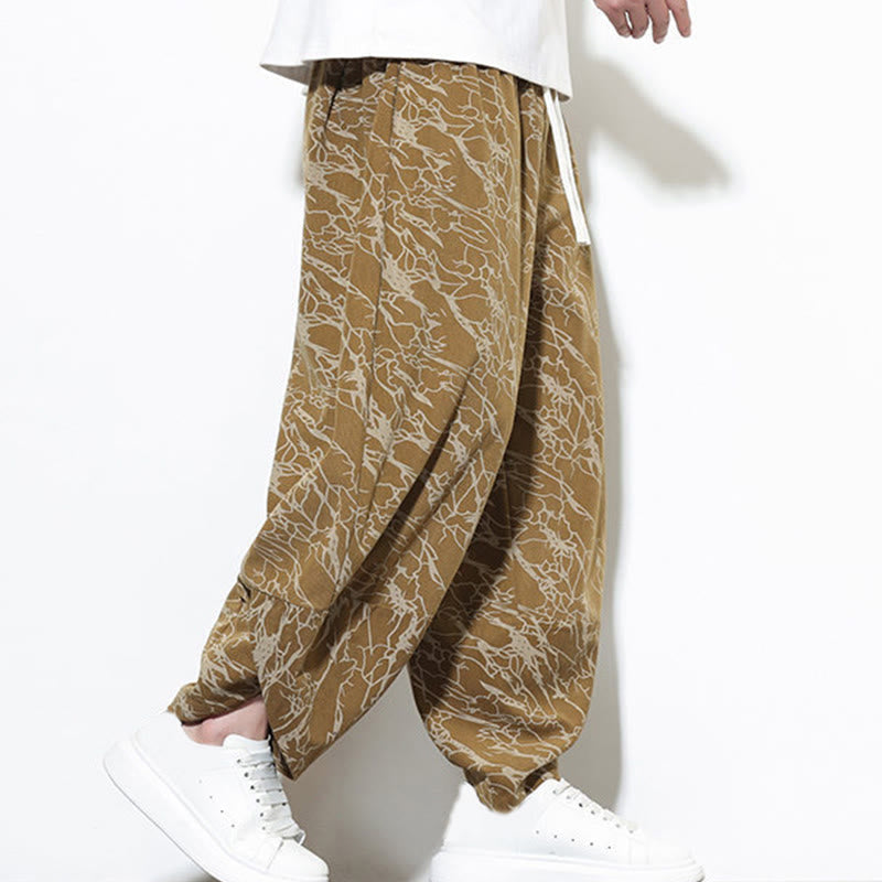 Buddha Stones Fall Textured Lines Print Cotton Elastic Waist Ankle-Length Men's Harem Pants With Pockets - image 18