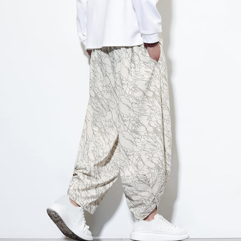 Buddha Stones Fall Textured Lines Print Cotton Elastic Waist Ankle-Length Men's Harem Pants With Pockets - image 27
