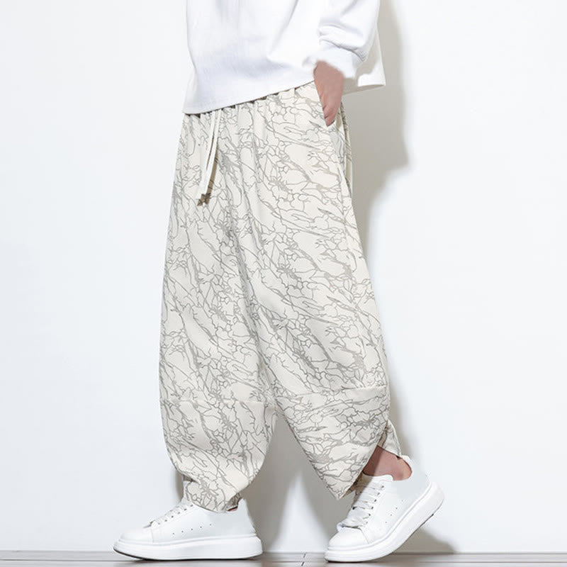 Buddha Stones Fall Textured Lines Print Cotton Elastic Waist Ankle-Length Men's Harem Pants With Pockets - image 30