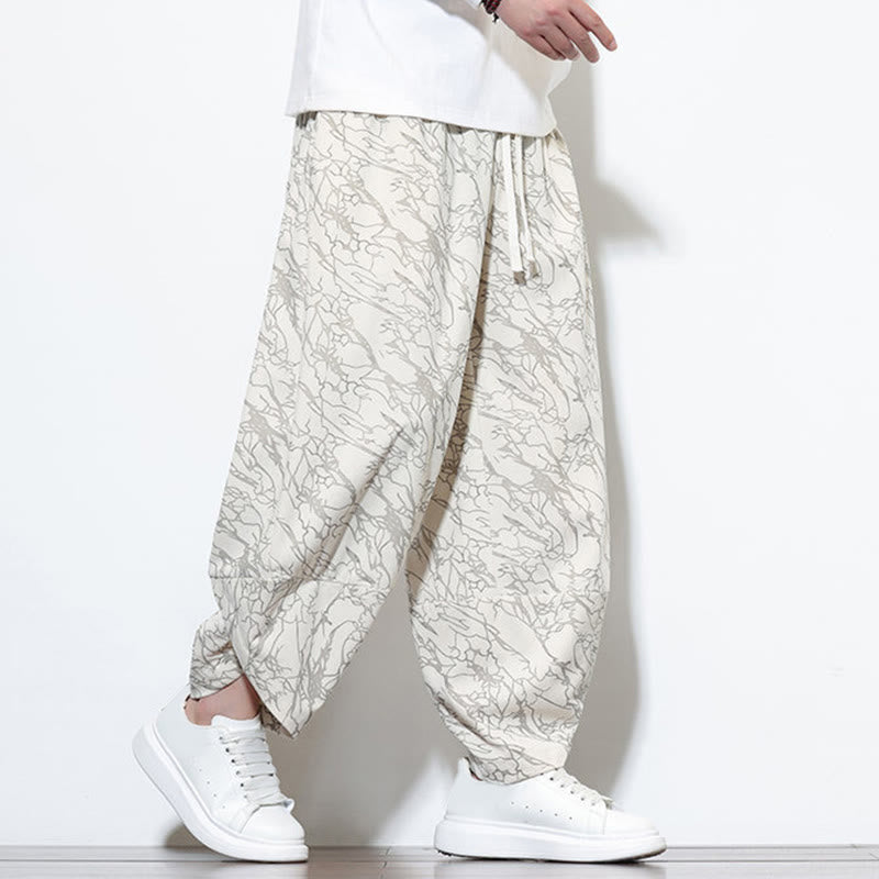 Buddha Stones Fall Textured Lines Print Cotton Elastic Waist Ankle-Length Men's Harem Pants With Pockets - image 31