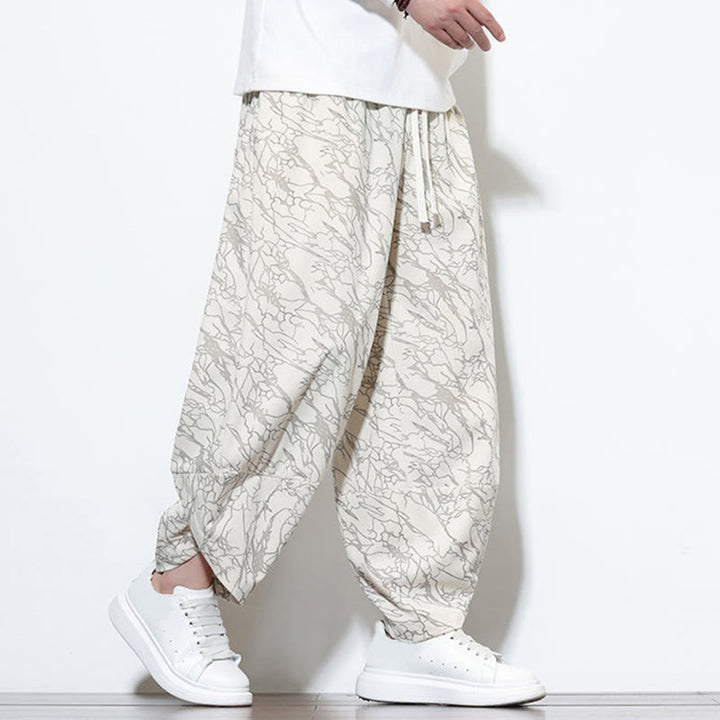 Buddha Stones Fall Textured Lines Print Cotton Elastic Waist Ankle-Length Men's Harem Pants With Pockets - image 31
