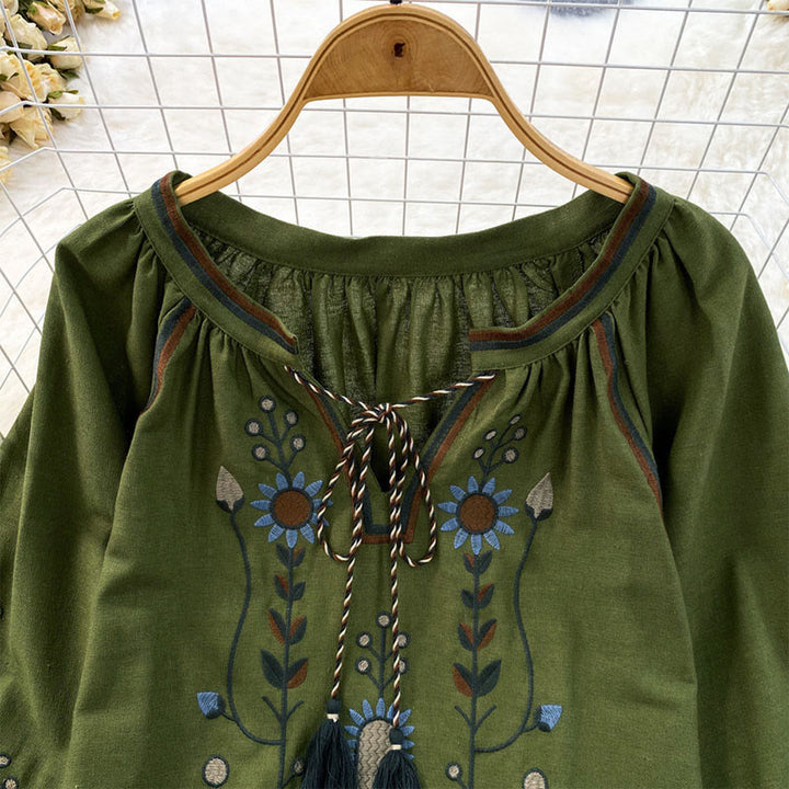 Buddha Stones Casual Embroidery Flower Leaf Pattern Women's Cotton Linen Round Neck T-shirt  - image 3