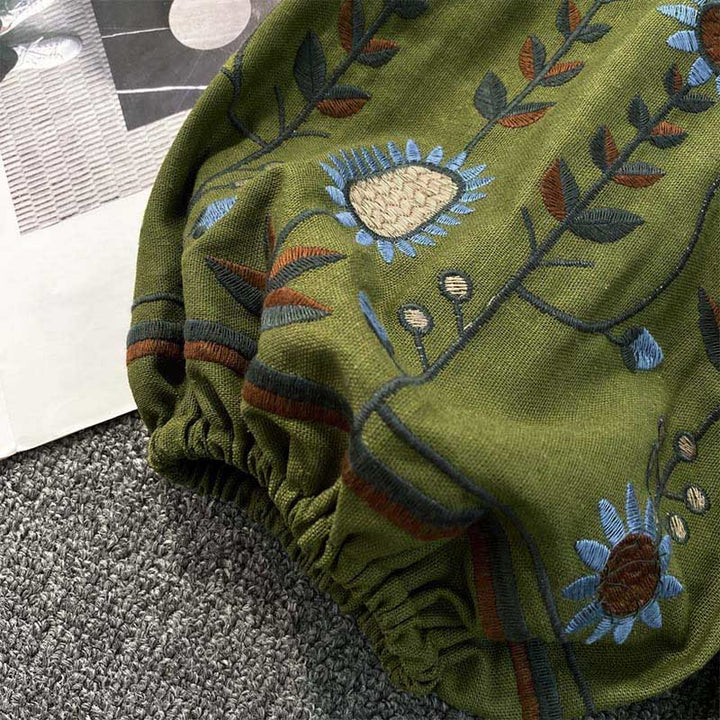 Buddha Stones Casual Embroidery Flower Leaf Pattern Women's Cotton Linen Round Neck T-shirt  - image 6