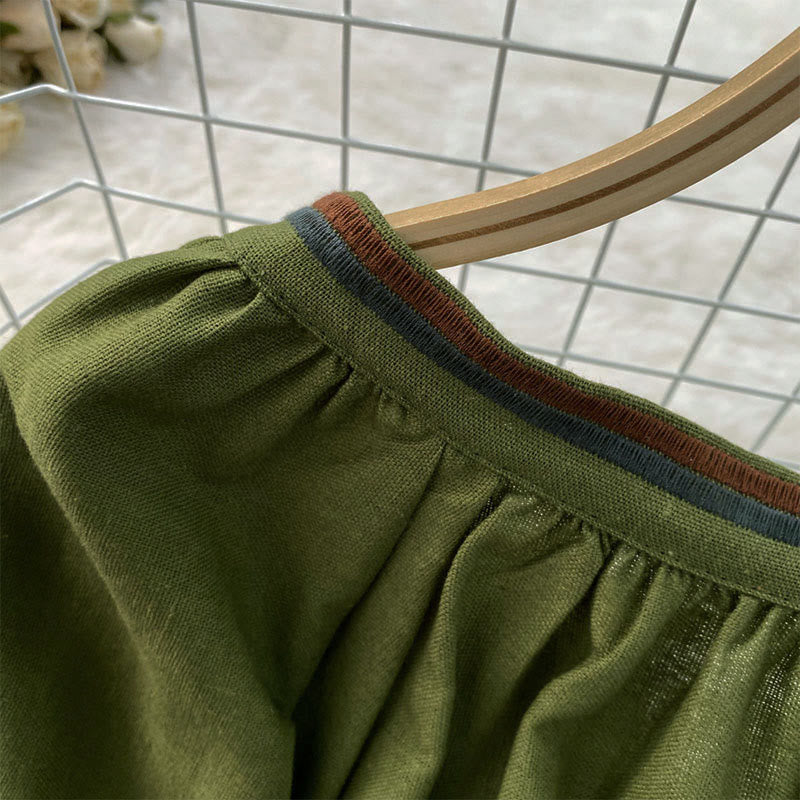 Buddha Stones Casual Embroidery Flower Leaf Pattern Women's Cotton Linen Round Neck T-shirt  - image 9