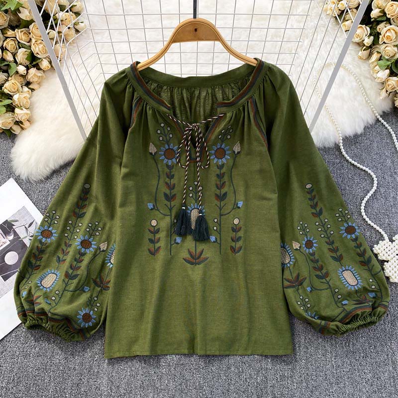 Buddha Stones Casual Embroidery Flower Leaf Pattern Women's Cotton Linen Round Neck T-shirt  - DarkGreen - US4-6，UK/AU8-10，EU36-38 (F) - image 0