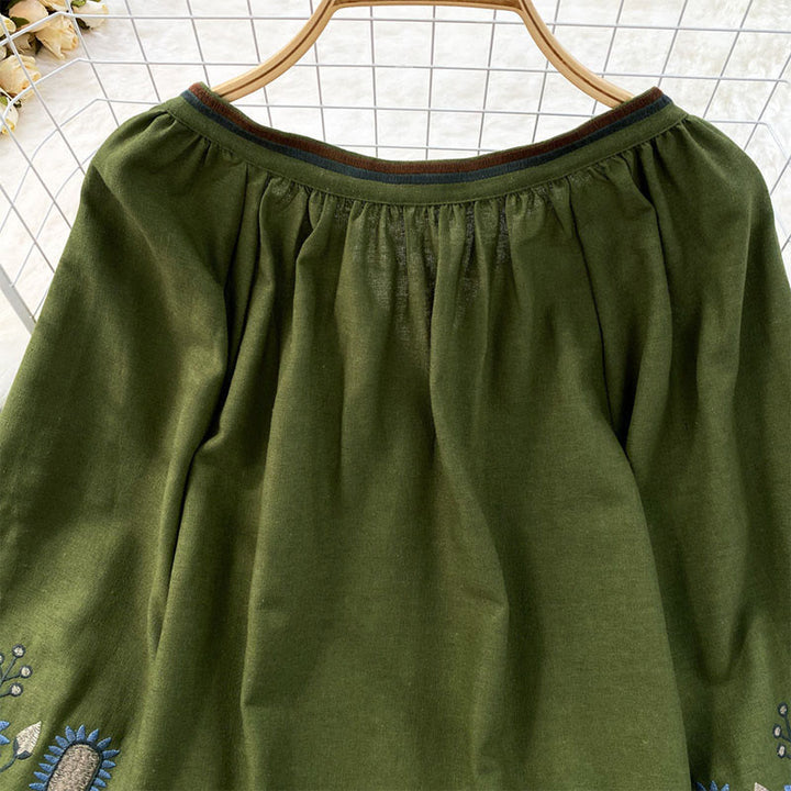 Buddha Stones Casual Embroidery Flower Leaf Pattern Women's Cotton Linen Round Neck T-shirt  - image 10