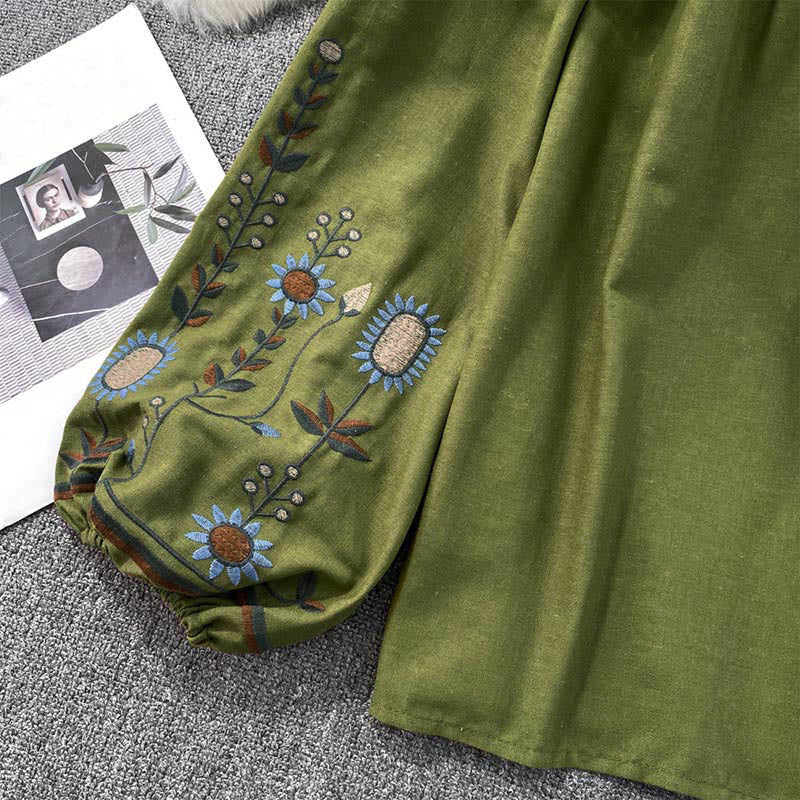 Buddha Stones Casual Embroidery Flower Leaf Pattern Women's Cotton Linen Round Neck T-shirt  - image 8