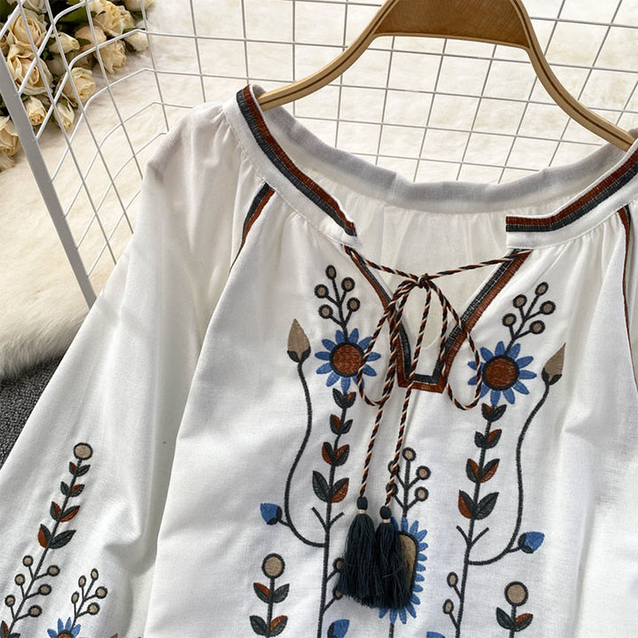 Buddha Stones Casual Embroidery Flower Leaf Pattern Women's Cotton Linen Round Neck T-shirt  - image 14