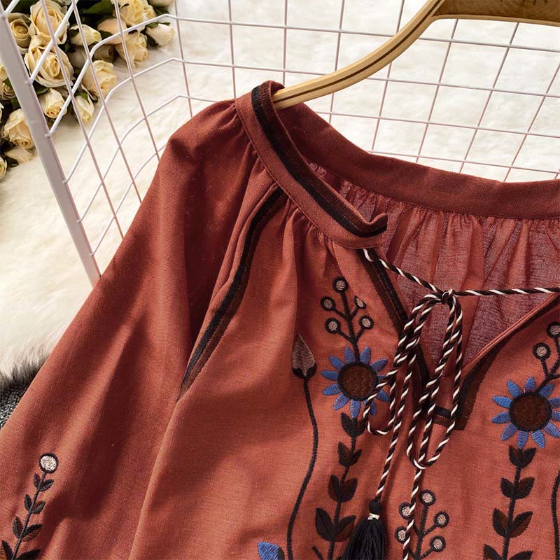 Buddha Stones Casual Embroidery Flower Leaf Pattern Women's Cotton Linen Round Neck T-shirt  - image 19