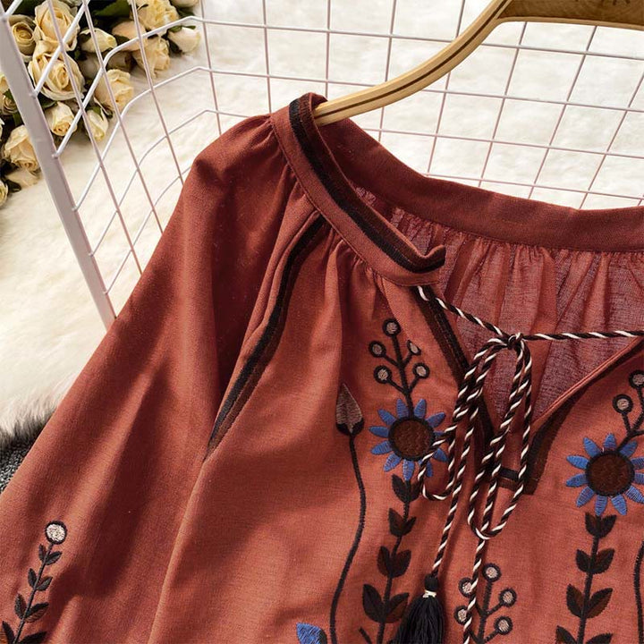Buddha Stones Casual Embroidery Flower Leaf Pattern Women's Cotton Linen Round Neck T-shirt  - image 19