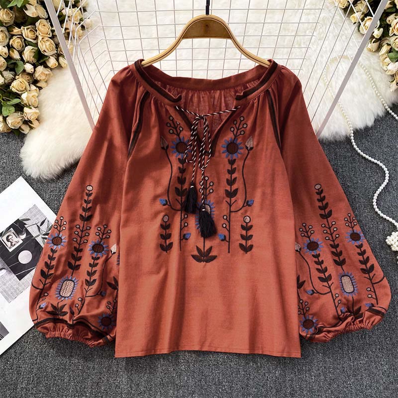 Buddha Stones Casual Embroidery Flower Leaf Pattern Women's Cotton Linen Round Neck T-shirt  - Tomato - US4-6，UK/AU8-10，EU36-38 (F) - image 17