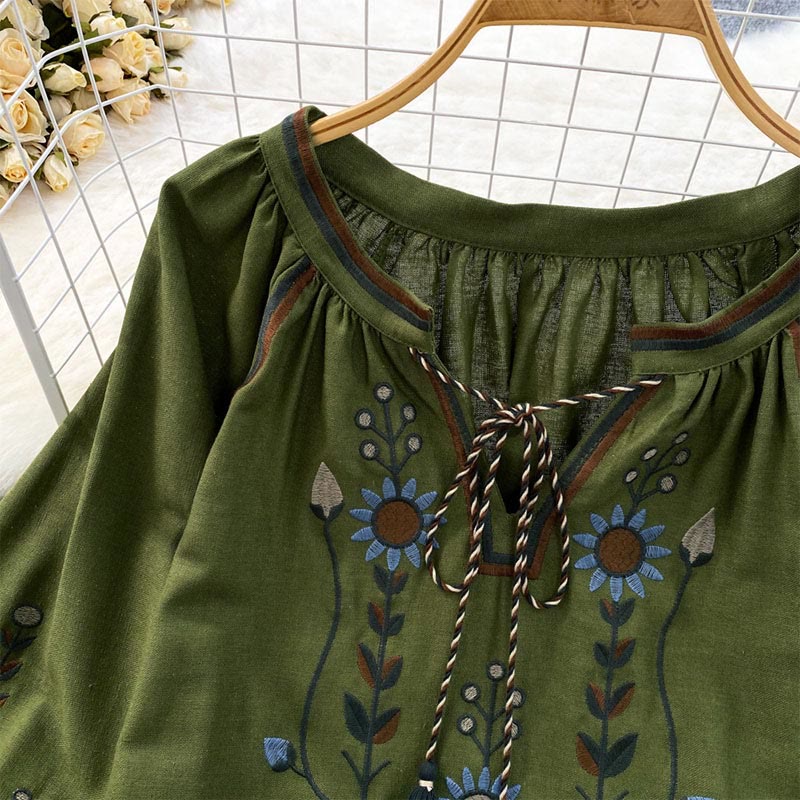 Buddha Stones Casual Embroidery Flower Leaf Pattern Women's Cotton Linen Round Neck T-shirt  - image 4