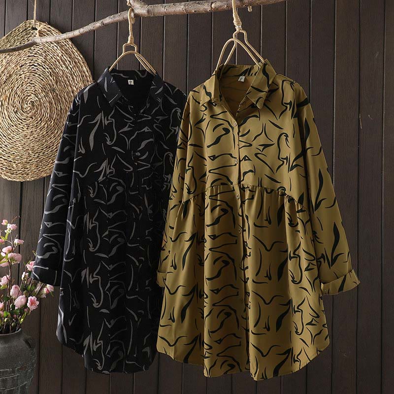 Buddha Stones Spring Fall Stand Collar Line Pattern Long Sleeve Women's Cotton Polyester Shirt  - image 0