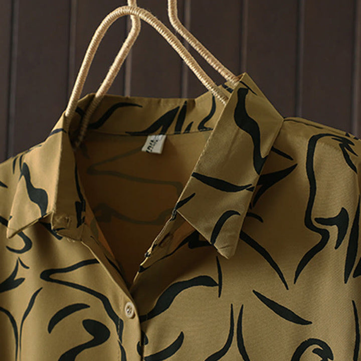 Buddha Stones Spring Fall Stand Collar Line Pattern Long Sleeve Women's Cotton Polyester Shirt  - image 5