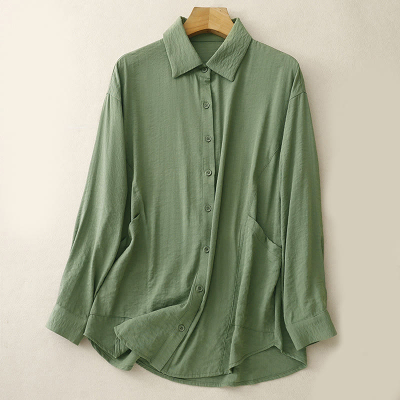 Buddha Stones Spring Fall Stand Collar Plain Long Sleeve Women's Cotton Polyester Shirt  - Green - US8-10，UK/AU12-14，EU40-42 (2XL) - image 6