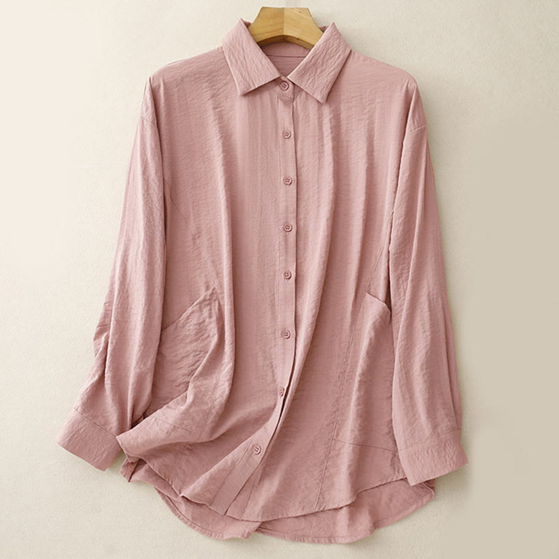 Buddha Stones Spring Fall Stand Collar Plain Long Sleeve Women's Cotton Polyester Shirt  - Pink - US8-10，UK/AU12-14，EU40-42 (2XL) - image 12
