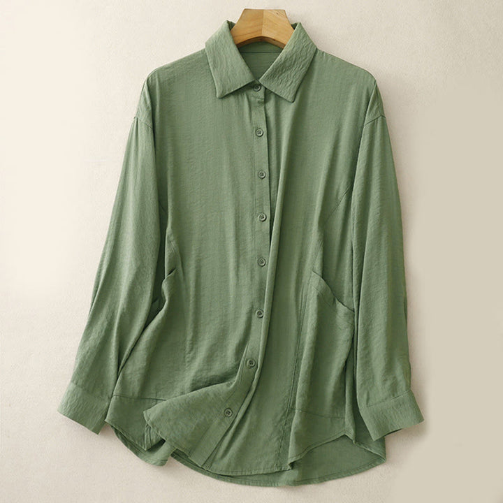 Buddha Stones Spring Fall Stand Collar Plain Long Sleeve Women's Cotton Polyester Shirt  - Green - US8-10，UK/AU12-14，EU40-42 (2XL) - image 6