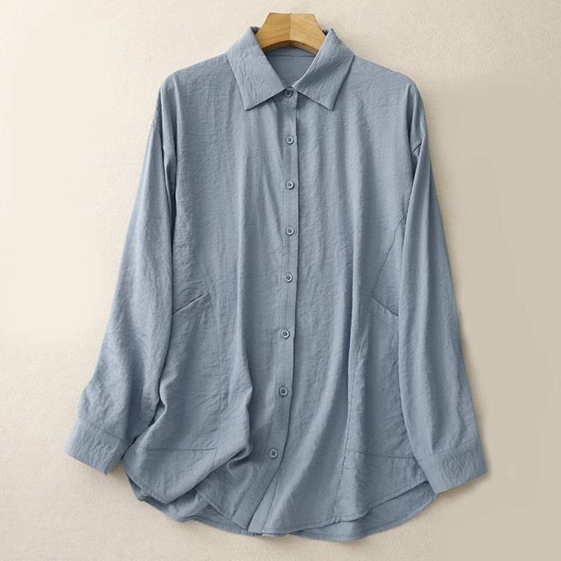 Buddha Stones Spring Fall Stand Collar Plain Long Sleeve Women's Cotton Polyester Shirt  - LightBlue - US8-10，UK/AU12-14，EU40-42 (2XL) - image 0