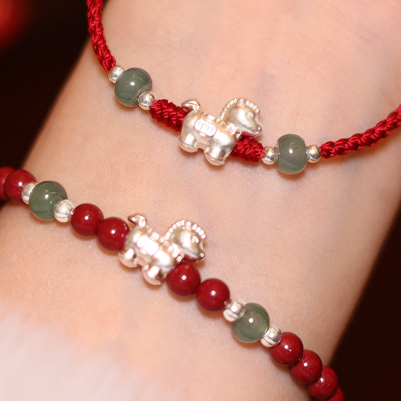 Buddha Stones Year of the Horse Cinnabar Jade Red String Blessing Bracelet - image 0