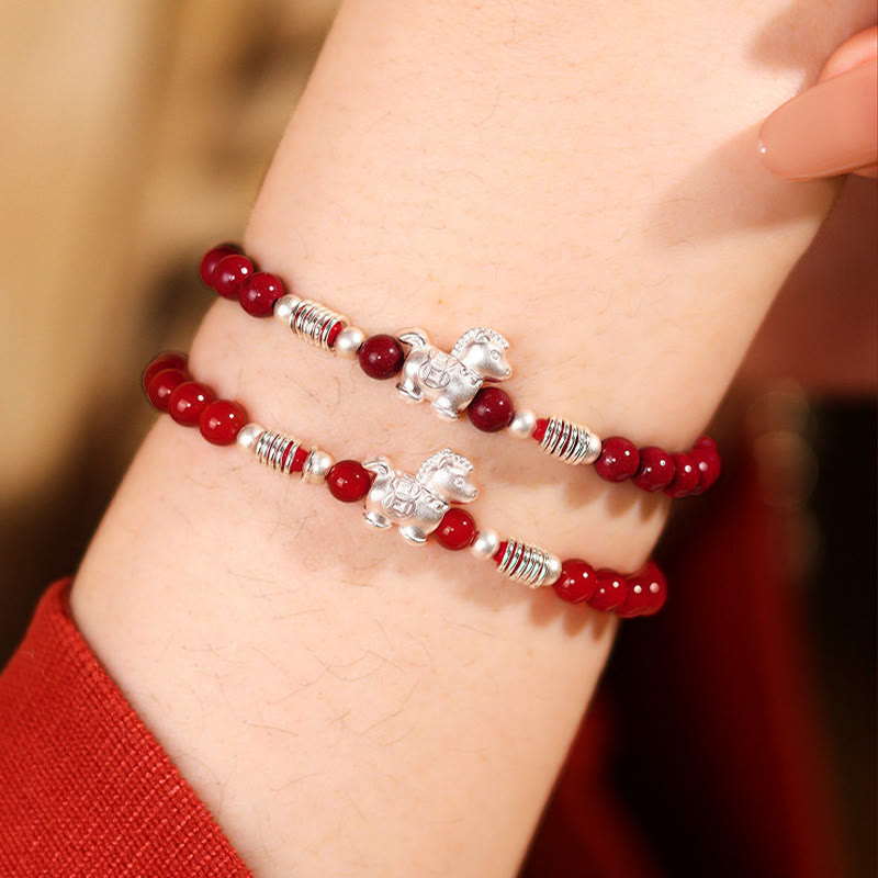 Buddha Stones Year Of The Horse Red Agate 999 Sterling Silver Cinnabar Calm Bracelet - image 0