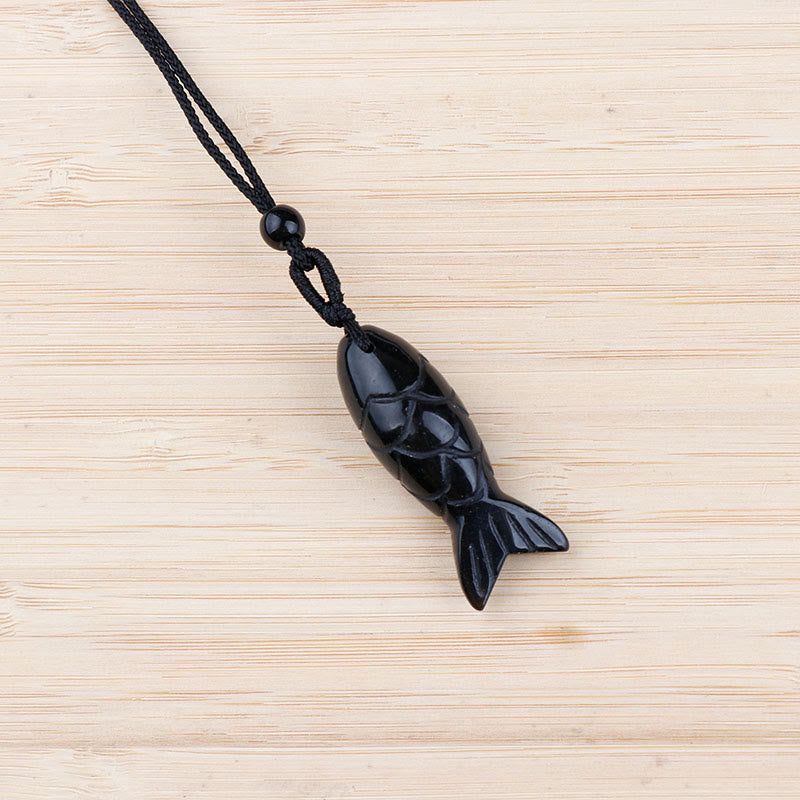 Buddha Stones Carving Koi Fish Pink Crystal Indian Agate Amethyst Warmth Prosperity Necklace Pendant - Black Obsidian(Pendant Size: 15*40mm) - image 22