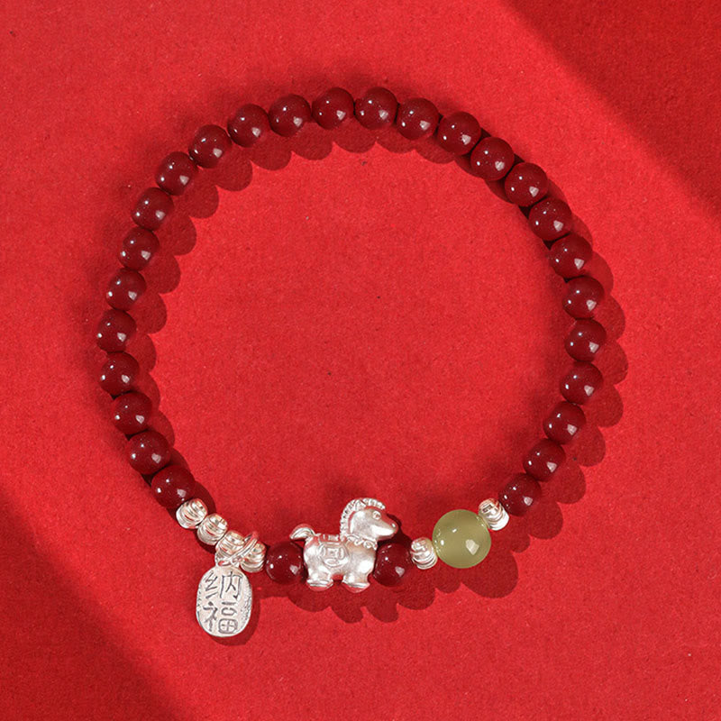 Buddha Stones Year Of The Horse Cinnabar Hetian Jade 999 Sterling Silver Red String Concentration Bracelet - 999 Sterling Silver Cinnabar Hetian Jade Horse(Wrist Circumference:14-15 cm) - image 1
