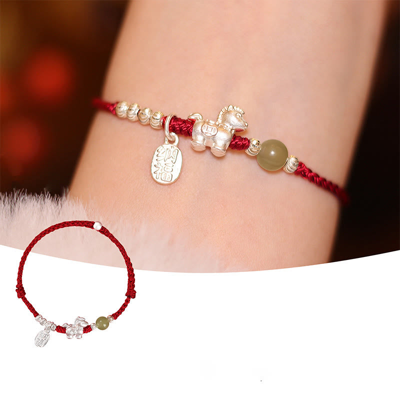 Buddha Stones Year Of The Horse Cinnabar Hetian Jade 999 Sterling Silver Red String Concentration Bracelet - 999 Sterling Silver Hetian Jade Horse(Wrist Circumference:14-15 cm) - image 14