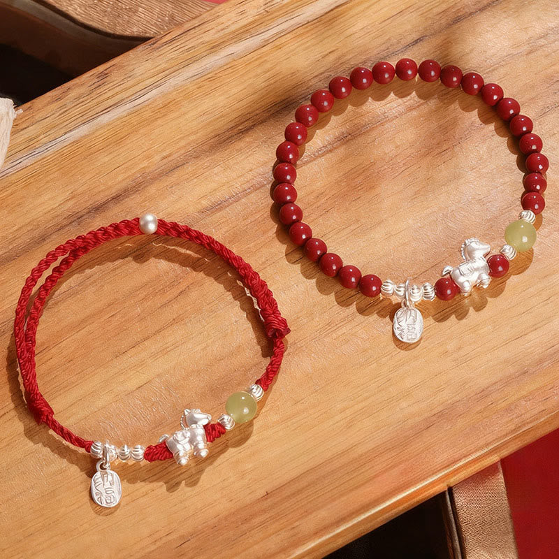 Buddha Stones Year Of The Horse Cinnabar Hetian Jade 999 Sterling Silver Red String Concentration Bracelet - Combination Set(Wrist Circumference:14-15 cm) - image 0