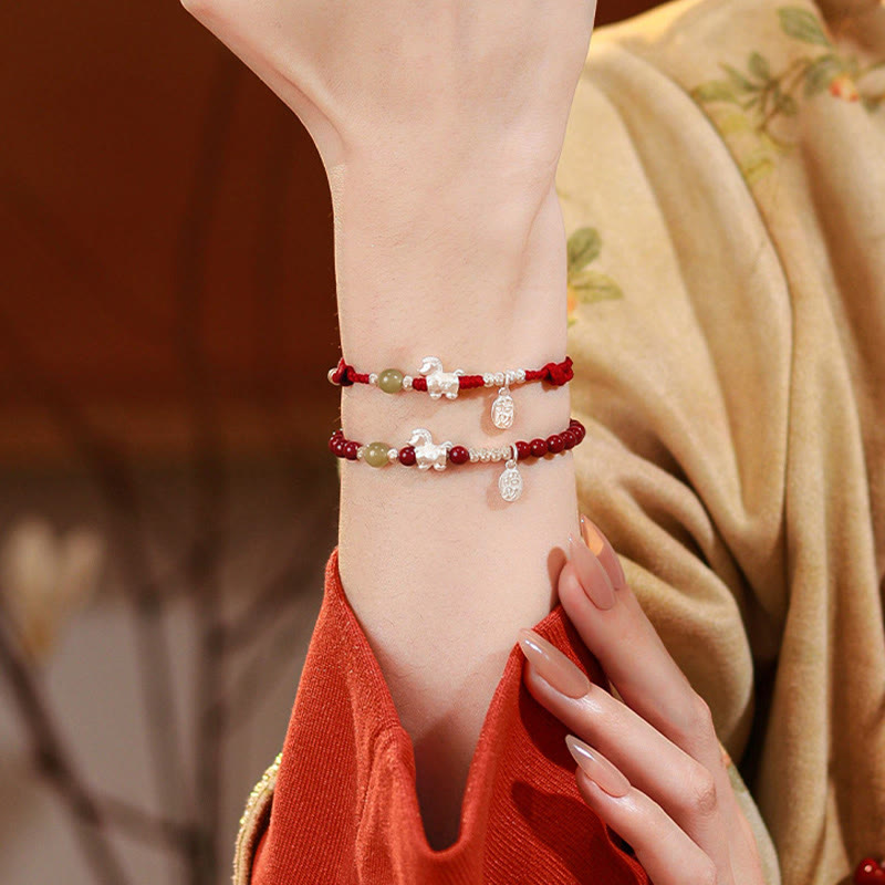 Buddha Stones Year Of The Horse Cinnabar Hetian Jade 999 Sterling Silver Red String Concentration Bracelet - image 18