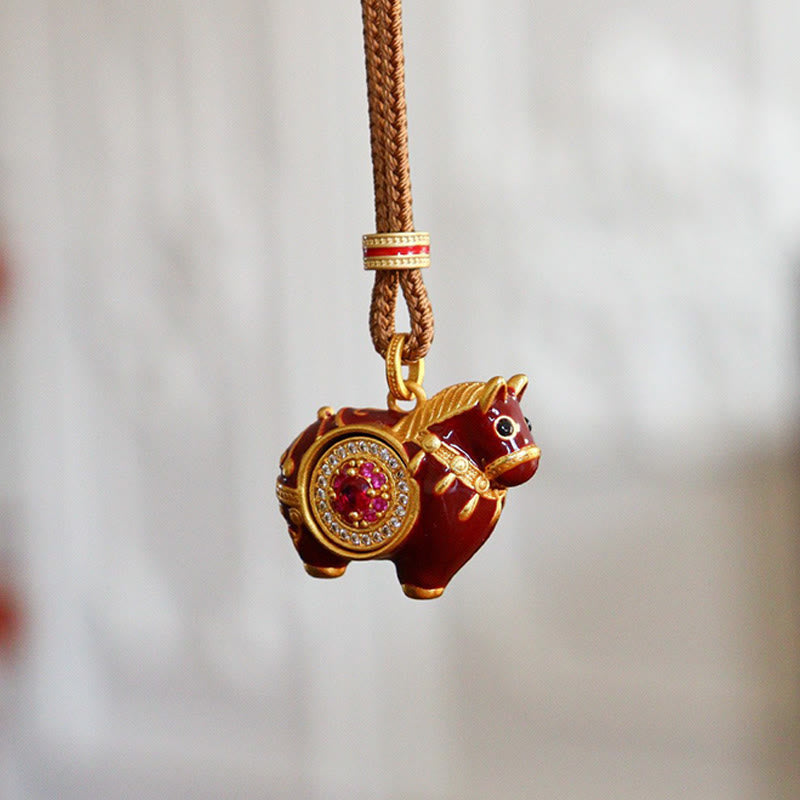 Buddha Stones Year Of The Horse Copper Balance Necklace Pendants - Pink Side Horse - image 0