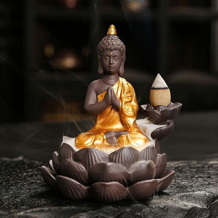 Buddha Stones Buddha Serenity Home Decoration Incense Burner - Golden Buddha Pray For Blessings(9.1*7.8*10.7 cm) - image 4
