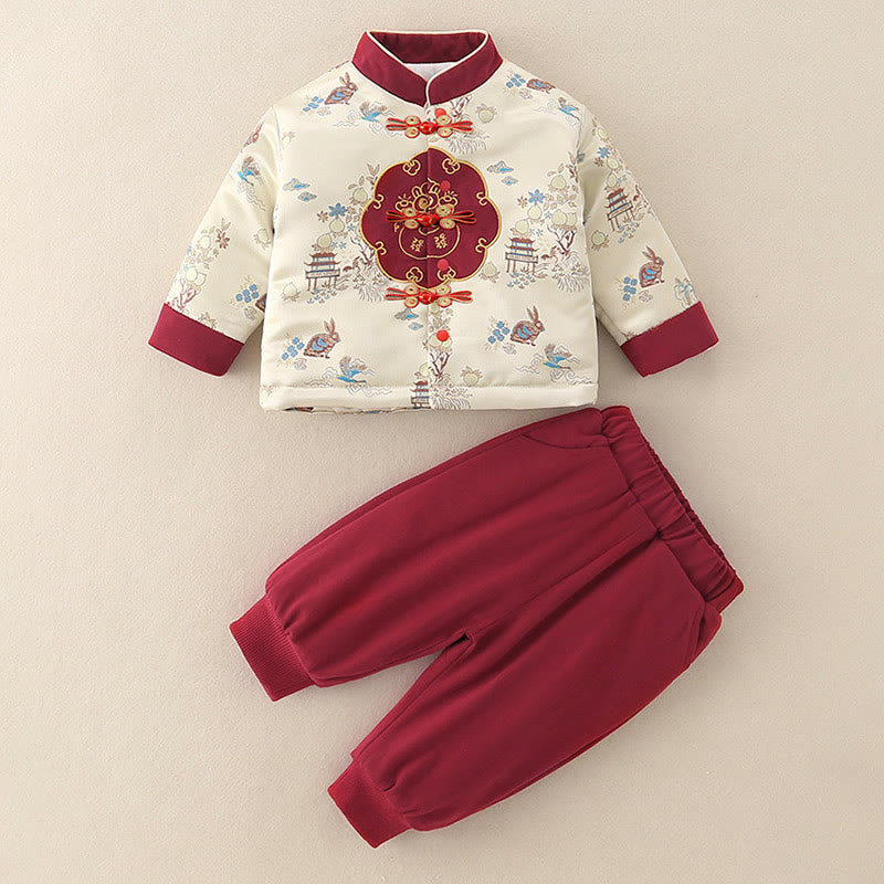 Buddha Stones 2Pcs Winter Rabbit Peach Design Baby Toddler Boy Cotton Long Sleeve Tang Suit Elastic Waist Pants With Pockets Outfit Sets - image 4