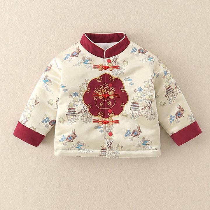 Buddha Stones 2Pcs Winter Rabbit Peach Design Baby Toddler Boy Cotton Long Sleeve Tang Suit Elastic Waist Pants With Pockets Outfit Sets - image 6
