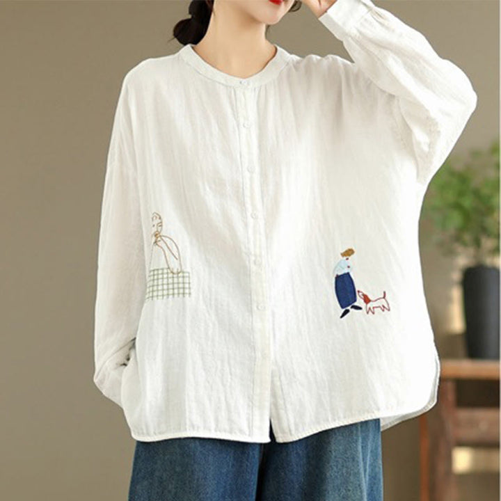 Buddha Stones Fall Embroidery Human Figure Dog Pattern Round Neck Buttons Women's Long Sleeve Shirt - image 10