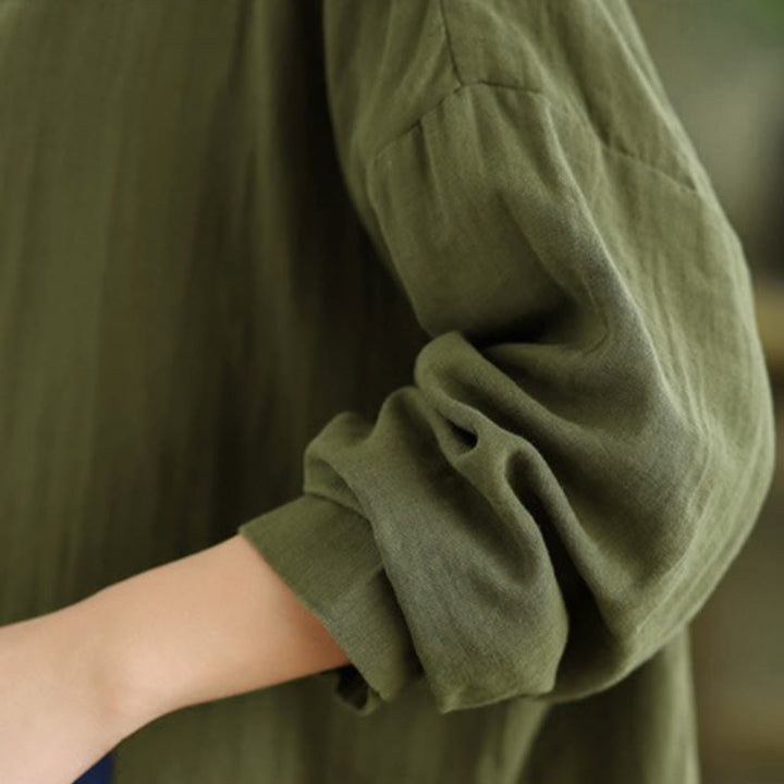 Buddha Stones Fall Embroidery Human Figure Dog Pattern Round Neck Buttons Women's Long Sleeve Shirt - image 29