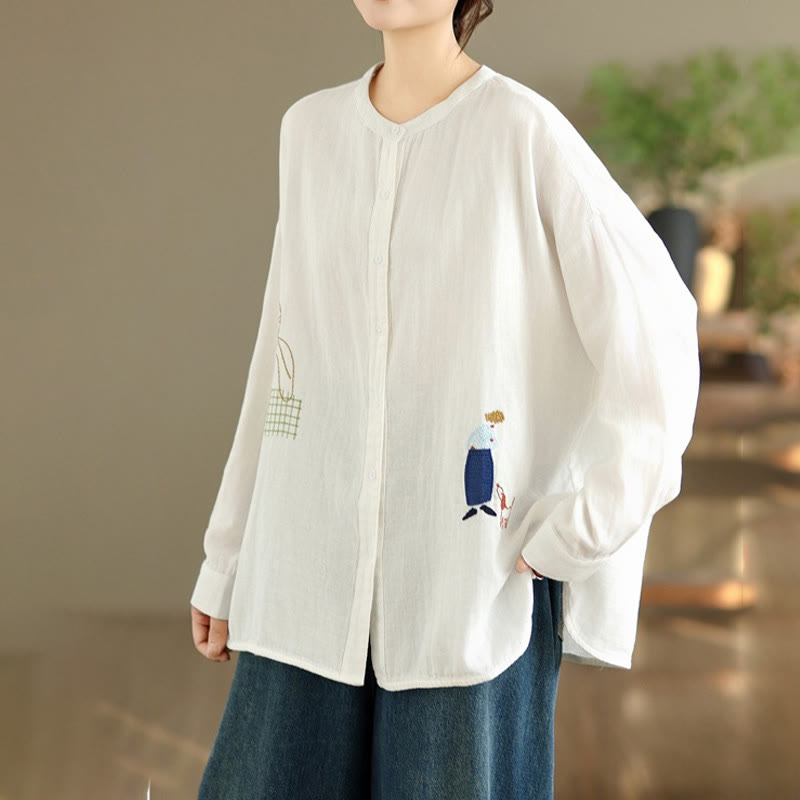 Buddha Stones Fall Embroidery Human Figure Dog Pattern Round Neck Buttons Women's Long Sleeve Shirt - image 12