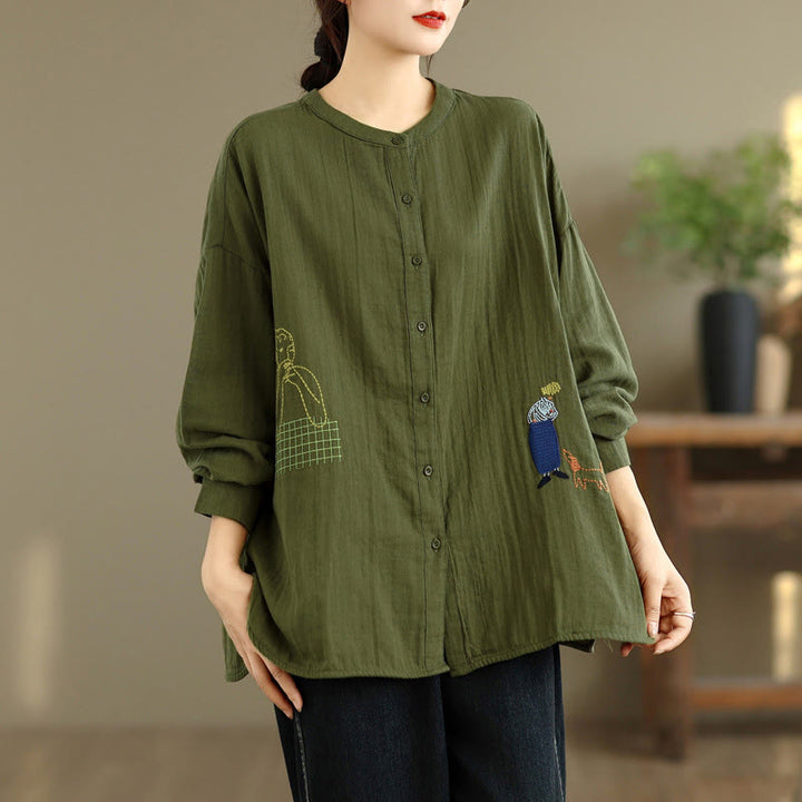 Buddha Stones Fall Embroidery Human Figure Dog Pattern Round Neck Buttons Women's Long Sleeve Shirt - image 21