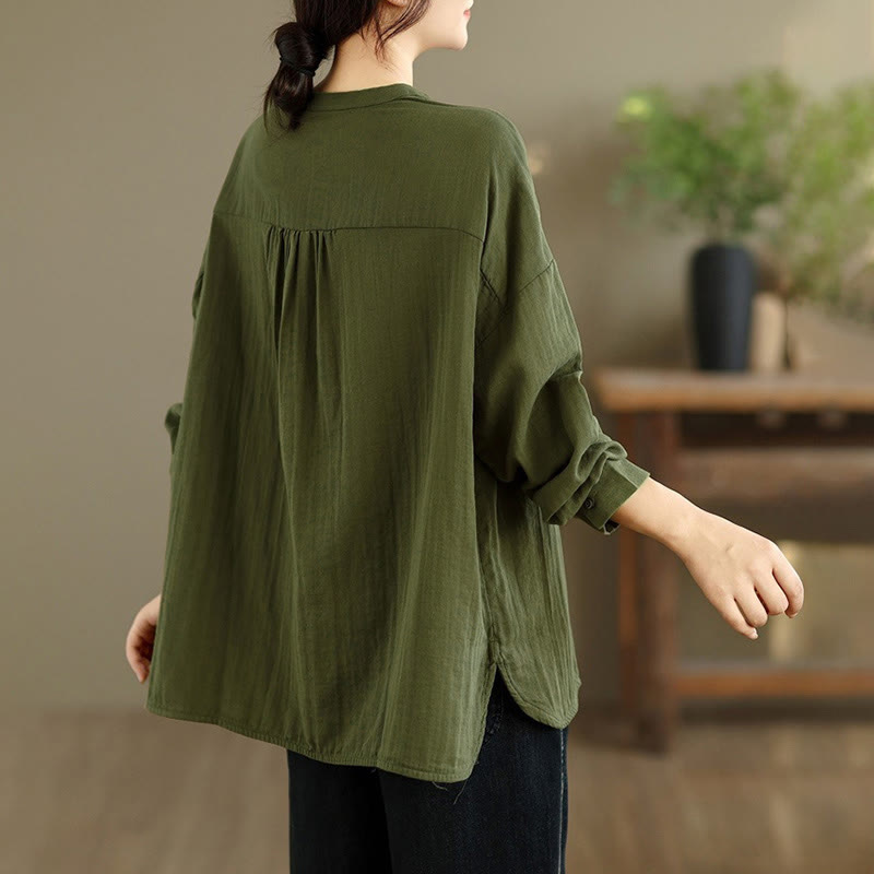 Buddha Stones Fall Embroidery Human Figure Dog Pattern Round Neck Buttons Women's Long Sleeve Shirt - image 27