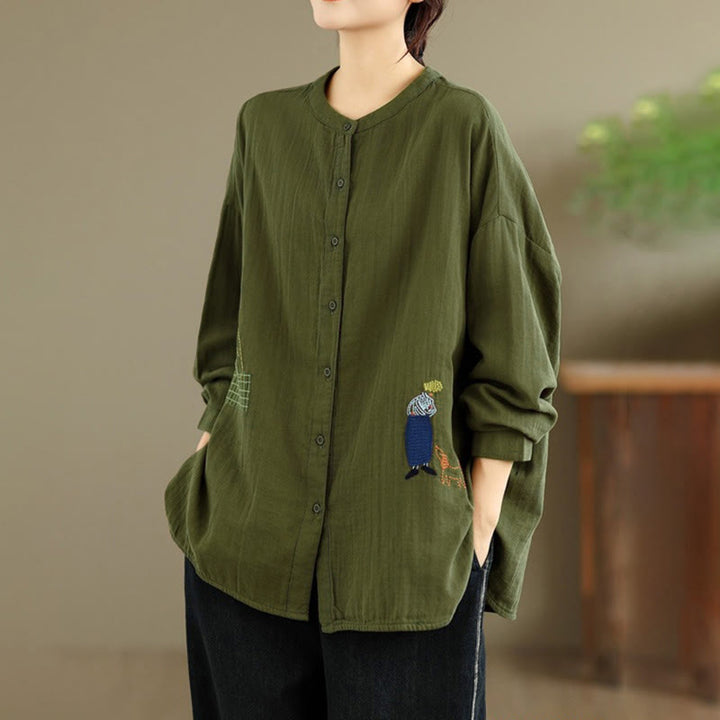 Buddha Stones Fall Embroidery Human Figure Dog Pattern Round Neck Buttons Women's Long Sleeve Shirt - image 22