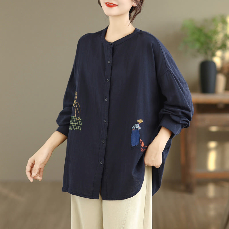 Buddha Stones Fall Embroidery Human Figure Dog Pattern Round Neck Buttons Women's Long Sleeve Shirt - image 5