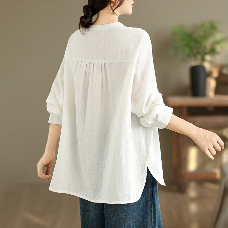 Buddha Stones Fall Embroidery Human Figure Dog Pattern Round Neck Buttons Women's Long Sleeve Shirt - image 17