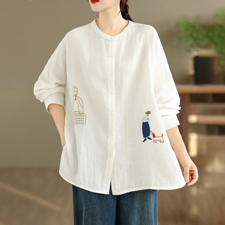 Buddha Stones Fall Embroidery Human Figure Dog Pattern Round Neck Buttons Women's Long Sleeve Shirt - image 15