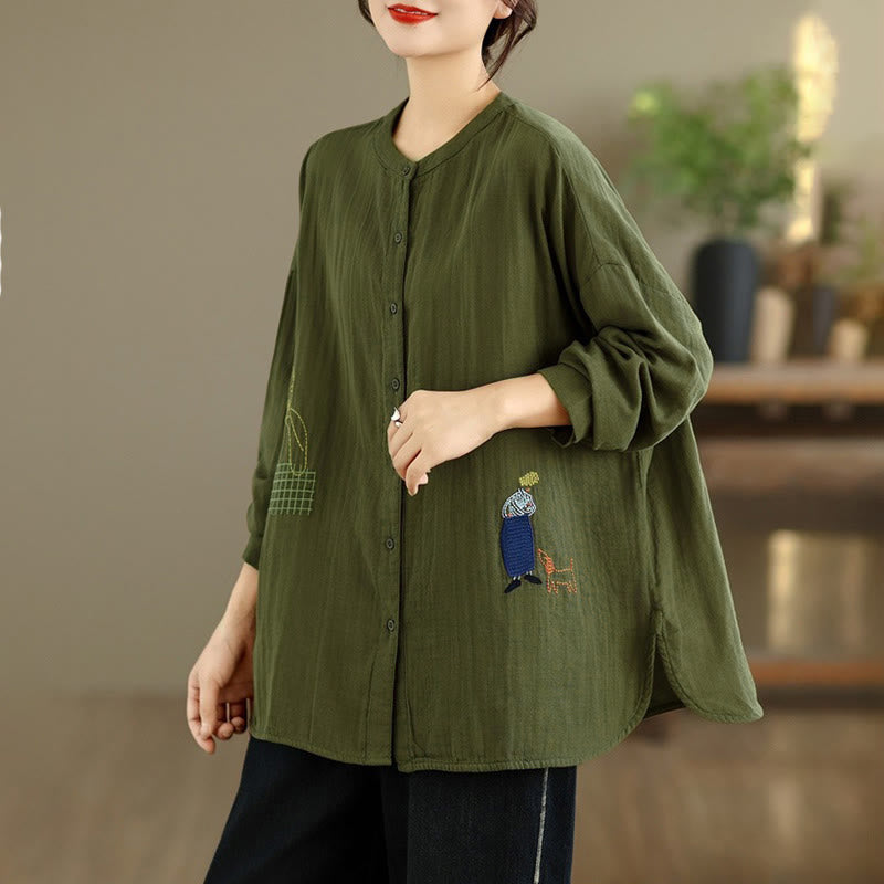 Buddha Stones Fall Embroidery Human Figure Dog Pattern Round Neck Buttons Women's Long Sleeve Shirt - image 25