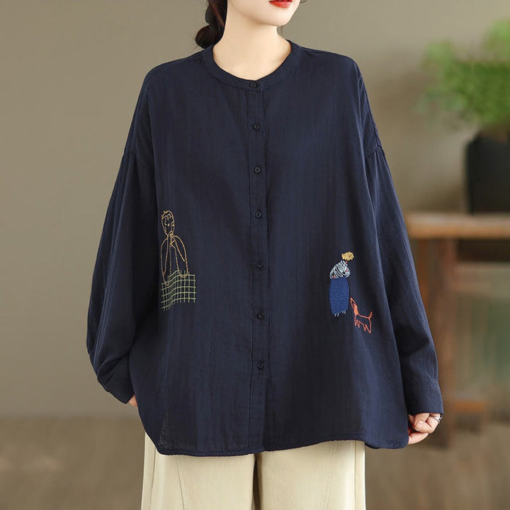 Buddha Stones Fall Embroidery Human Figure Dog Pattern Round Neck Buttons Women's Long Sleeve Shirt - image 4
