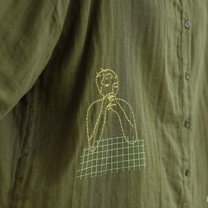 Buddha Stones Fall Embroidery Human Figure Dog Pattern Round Neck Buttons Women's Long Sleeve Shirt - image 31