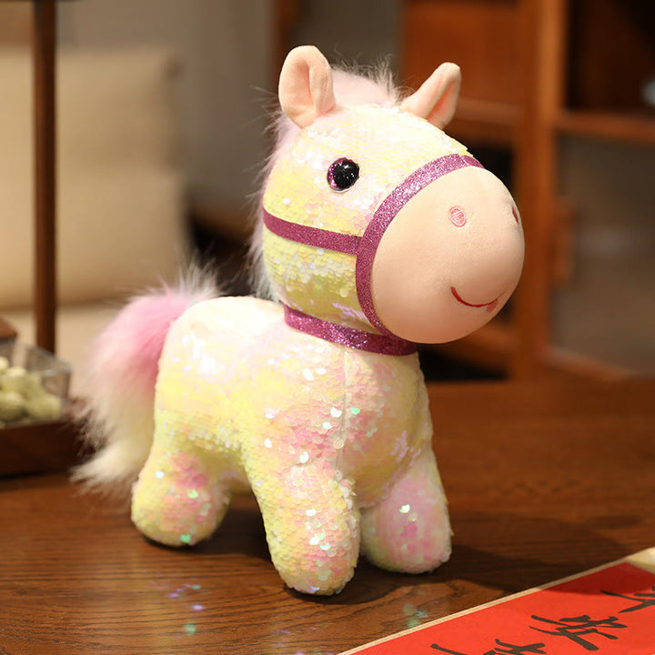 Buddha Stones Year Of The Horse Sequins Design Stuffed Pony Plush Doll Home Decoration - Light Yellow - 23*10*22cm - image 6