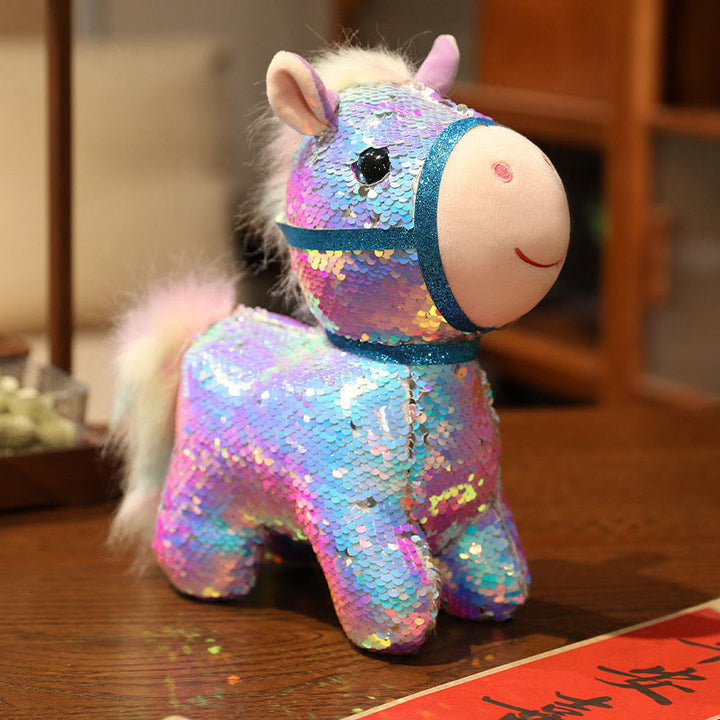 Buddha Stones Year Of The Horse Sequins Design Stuffed Pony Plush Doll Home Decoration - Blue&Purple - 23*10*22cm - image 7