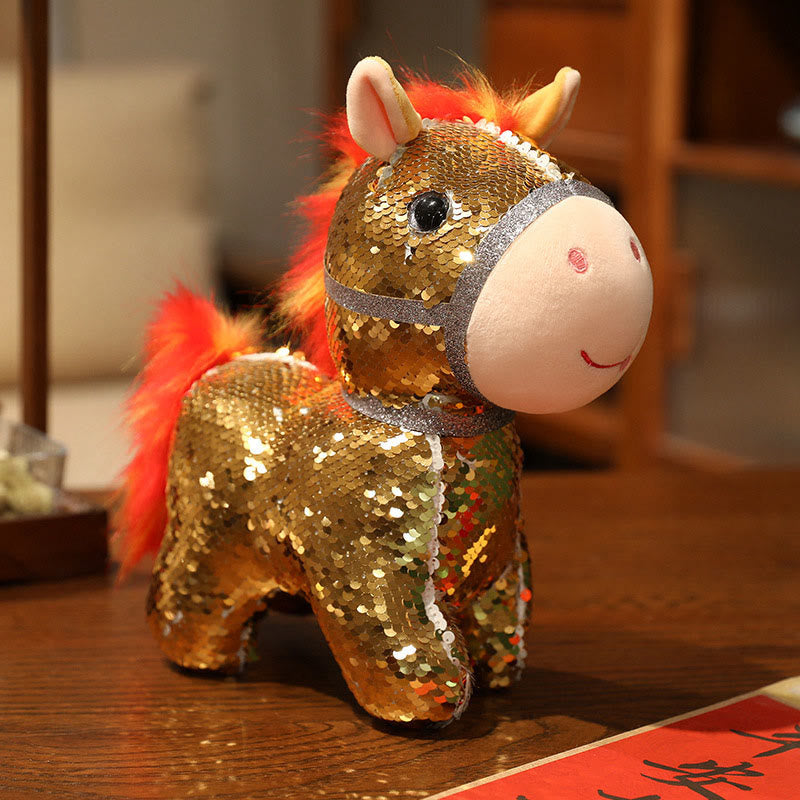 Buddha Stones Year Of The Horse Sequins Design Stuffed Pony Plush Doll Home Decoration - Gold - 27*11*27cm - image 11